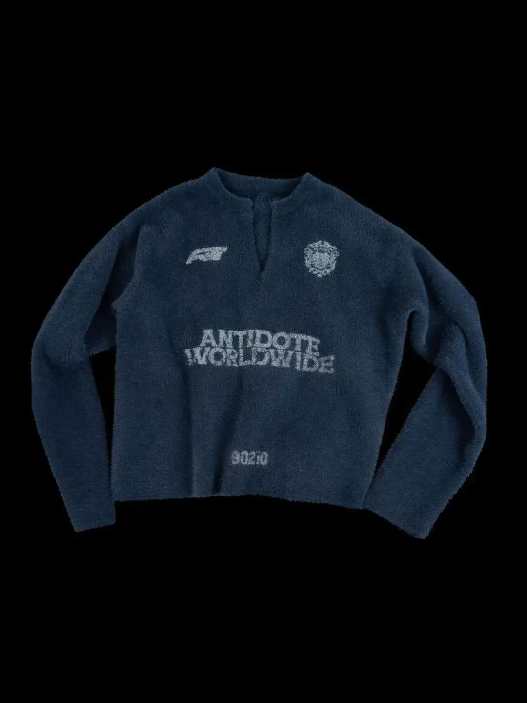 Antidote Mink Fur Sports Sweater American Retro Badge Print V-Neck Jersey Fleece Knit Sweater Jacket