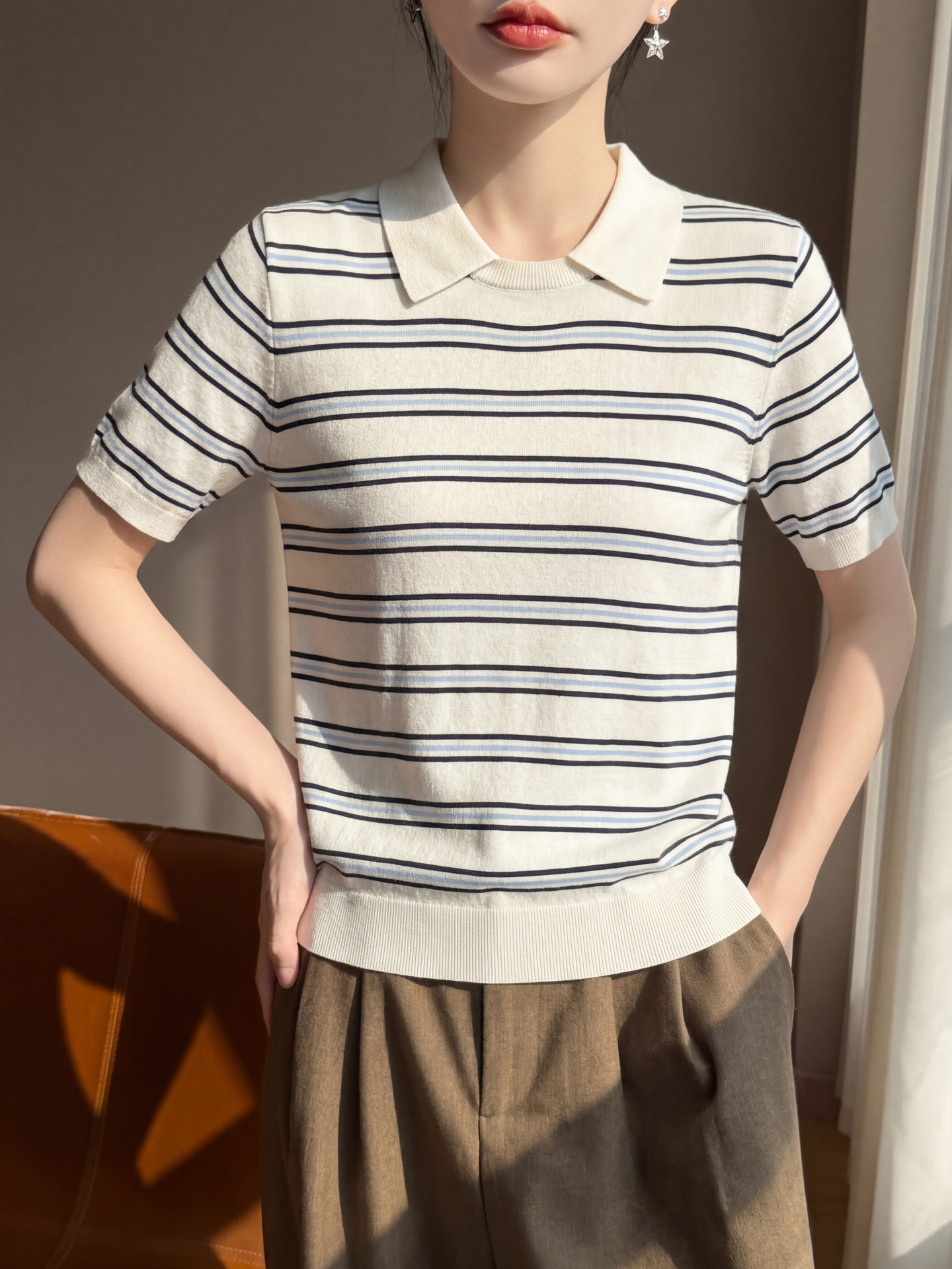 Stylish Small Lapel Striped 16-Gauge Lyocell Tencel Fresh Youthful Versatile Casual Regular Shoulder Knit Short Sleeve