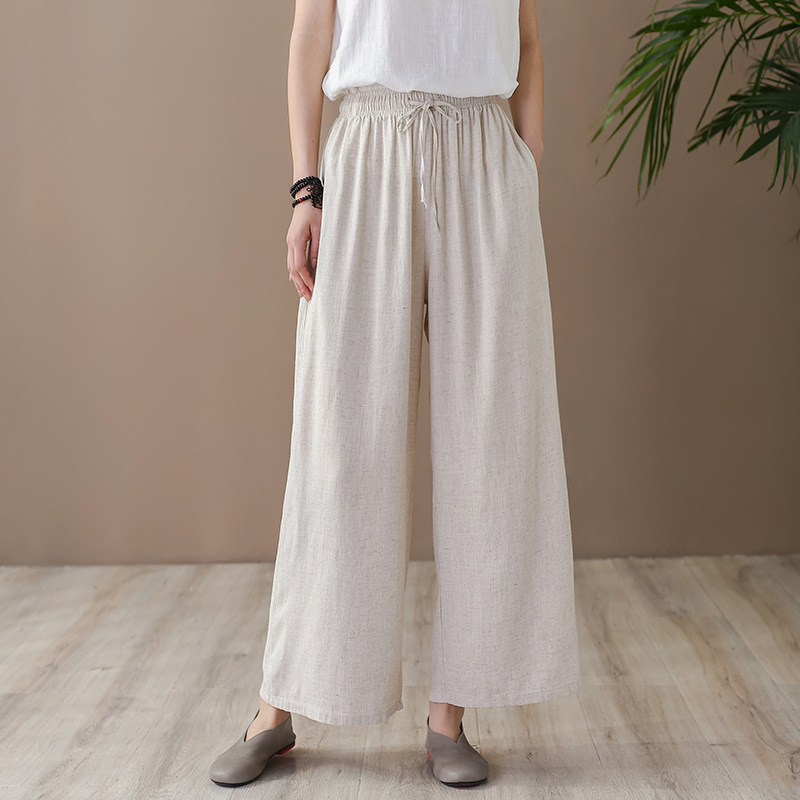 2026 Spring New Cotton and Linen Women's Artistic Straight-Leg Casual Pants with Elastic Waist, Women's Linen Nine-Point Wide-Leg Pants