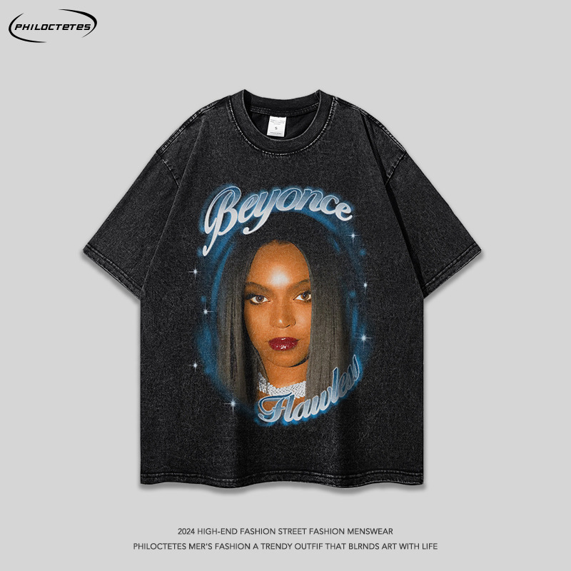 American Style High Street Character Hip Hop Rapper Printed Wash Short Sleeve T-Shirt Unisex oversize Street Half Sleeve