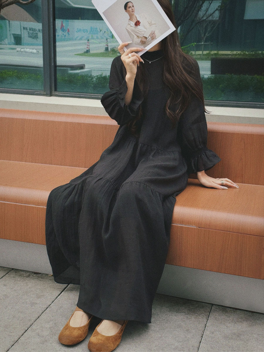 Sumi's New Spring and Summer Witch-Style Little Black Dress with Three-Quarter Sleeves, Made of Ramie and Tencel, Featuring a Half-High Collar and a Flowing Long Design