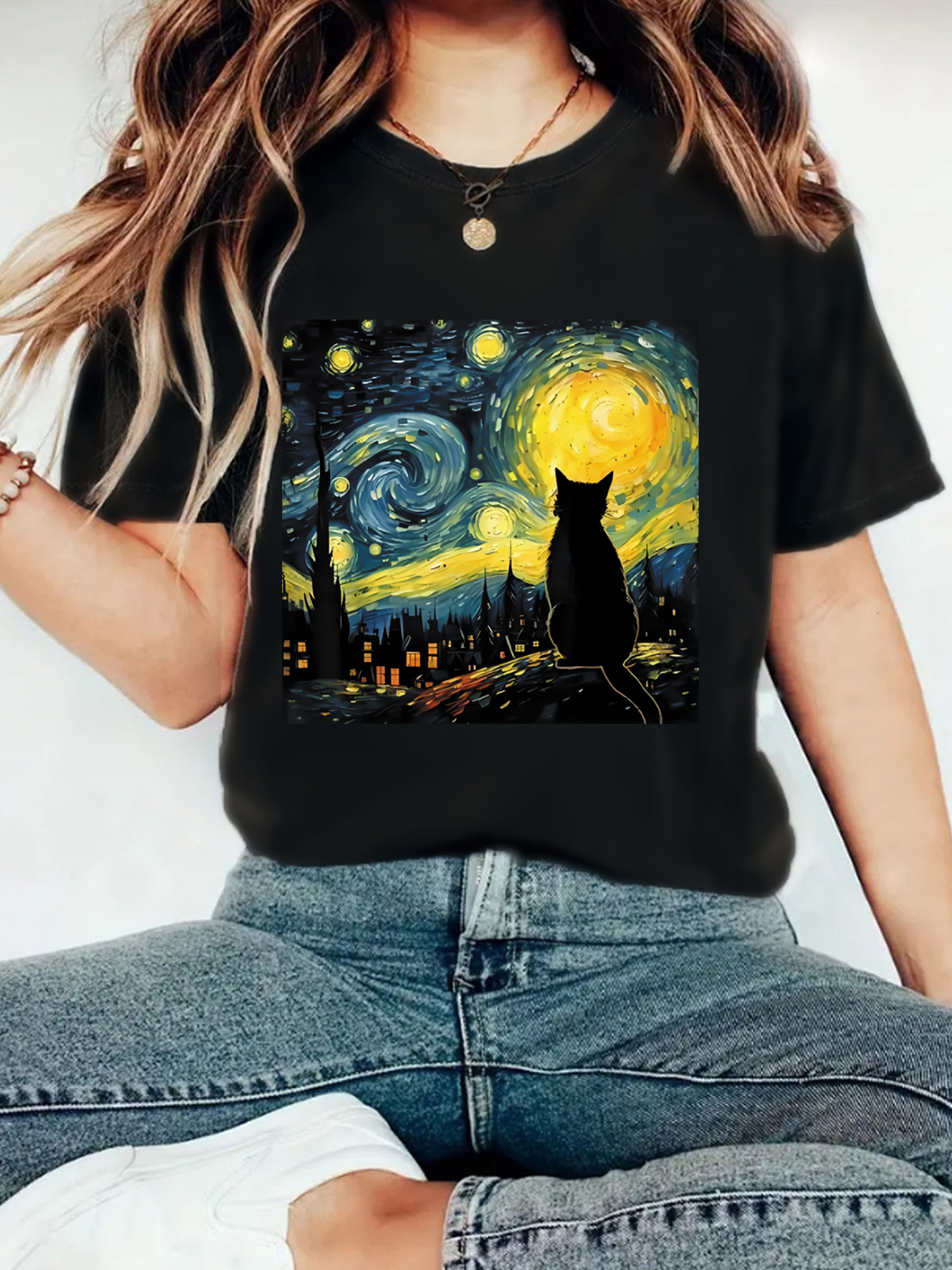 Amazon Independent Station European and American Star Black Cat Printed Round Neck Loose Short-sleeved plus size T-shirt Cross-border Foreign Trade