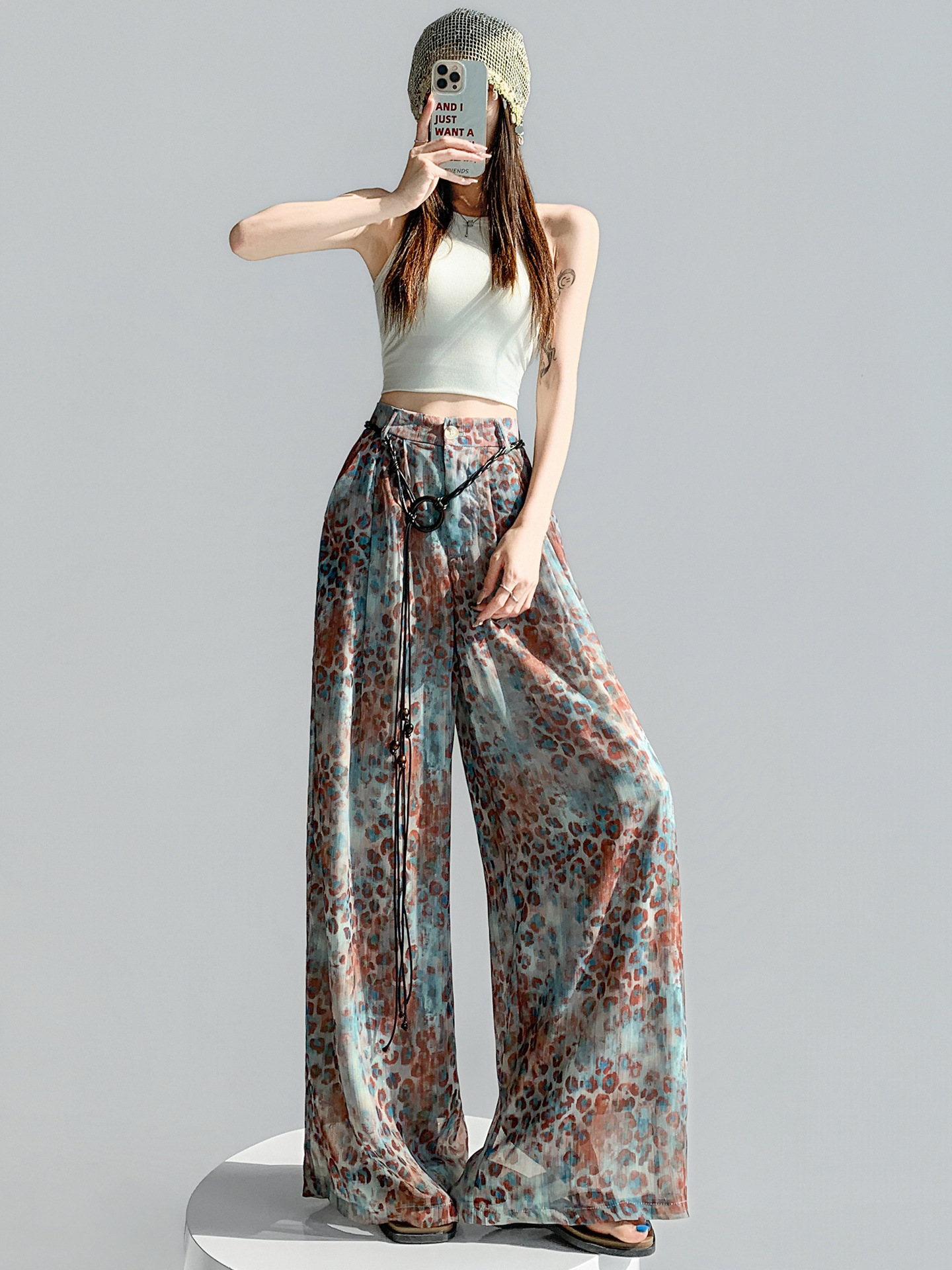 Feiyuan Loose, Comfortable, Lightweight, Breathable Wide-Leg Pants for Women, New Summer Style with Belt, Retro Leopard Print Long Pants