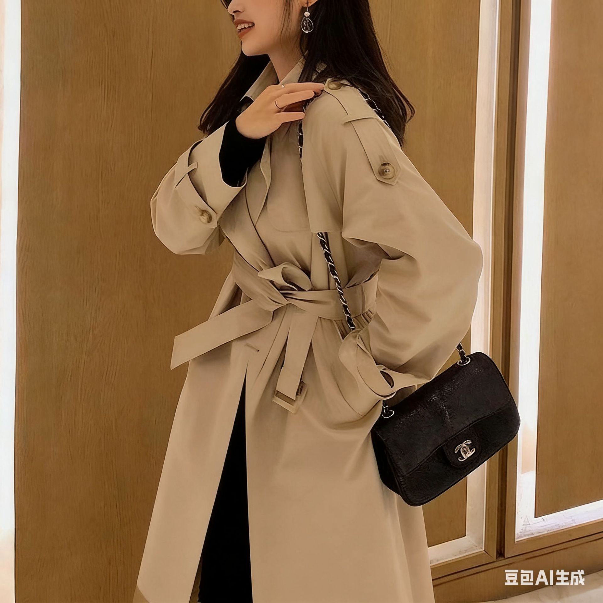 【Simo】 B Brand Retro Slim-Fit Jacket Khaki Trendy Coat Textured Trench Coat for Women 2021 Spring and Autumn Long Style