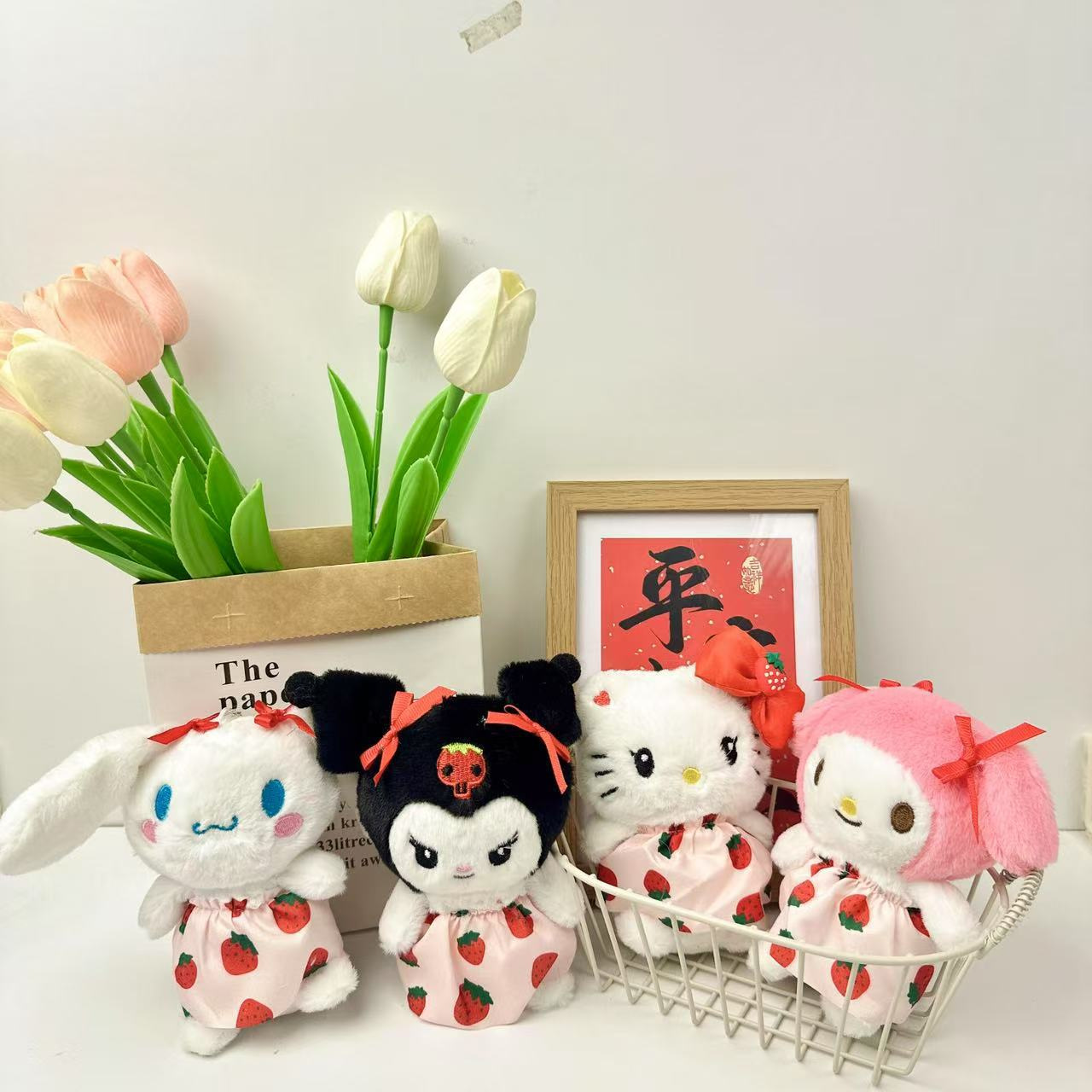 New Strawberry Skirt Sanrio Plush Doll Cute Cinnamon Dog Keychain Bag Pendant Wedding Throw Doll