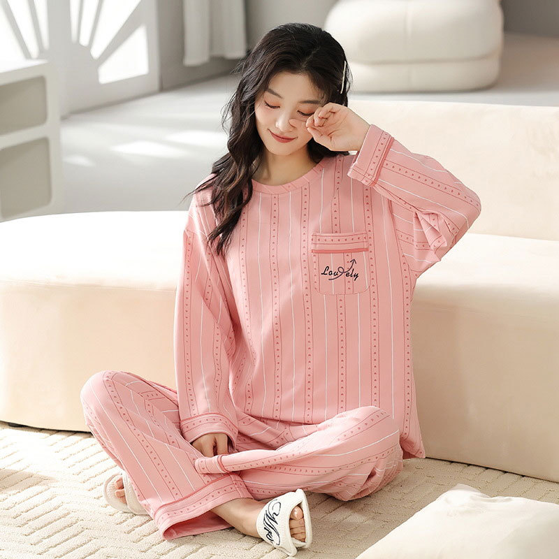 Age-Reducing Pajamas for Women in Spring and Autumn, Simple Vertical Stripes, Simple and Sweet, Long-Sleeved and Long-Pants Loungewear, Plus-Size Set