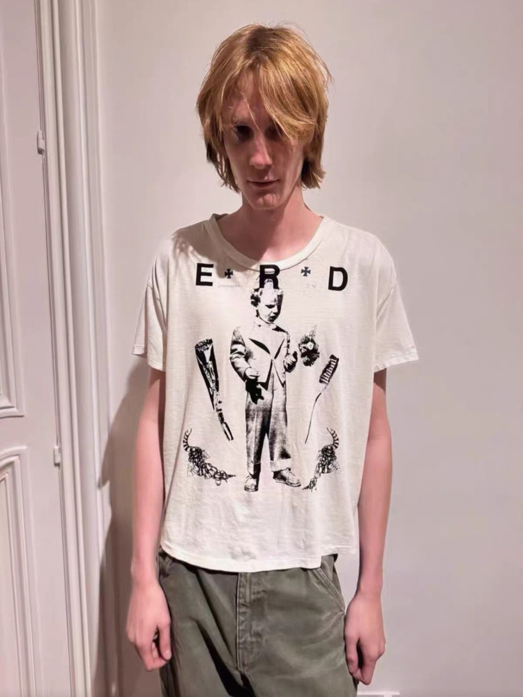 Erd Grjkd Melancholic Rich Second-Generation Catholic Toothbrush Ribbed Knitted Washed Distressed Short-Sleeved T-Shirt for Men and Women High Street