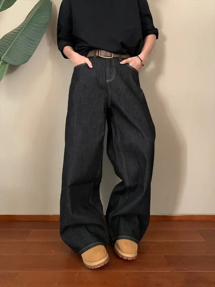 American High Street Retro Raw Denim Black Wide-Leg Jeans for Men, Loose Straight-Leg Cleanfit Casual Trousers Trendy