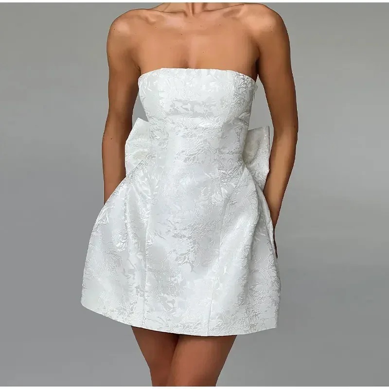 European and American Cross-Border Summer 2026 New Women's Fashion Sweet Slim-Fit Jacquard Strapless Tie Bow Mini Dress