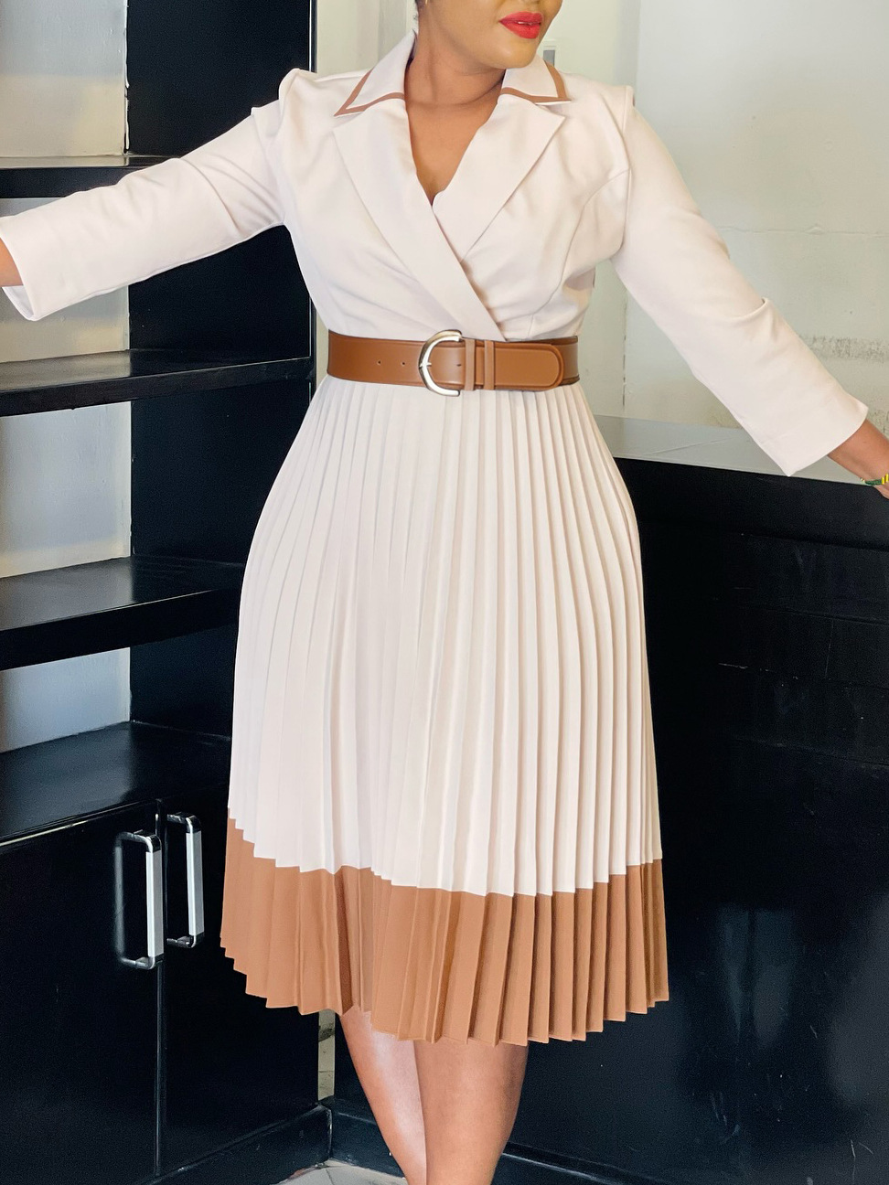 C8649 Cross-Border Women's Clothing European and American Winter Elegant Fashion Stylish Suit Collar Color-Blocking Pleated Plus-Size Foreign Trade Dress