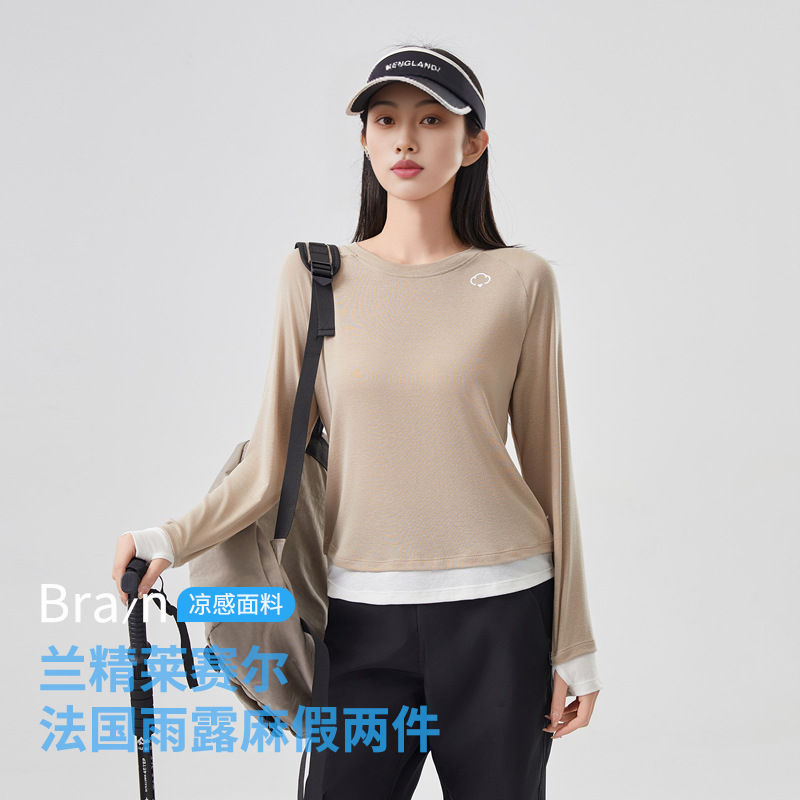 Lyocell Linen Fake Two-Piece Long Sleeve T-Shirt for Women, Slightly Sheer Slim Fit Top with a High-End Feel, Slimming Base Shirt