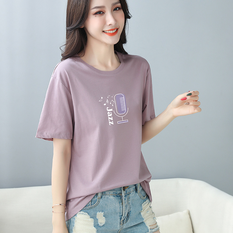 Cotton Short-sleeved T-shirt Women's Summer Casual Loose Cartoon Anime Ins Trendy Printed Top light purple All-match T-shirt