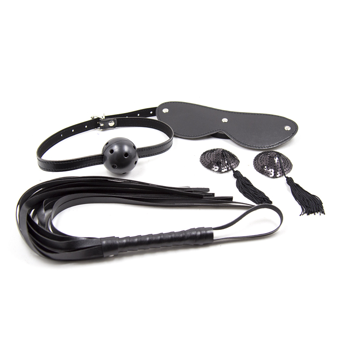 Adult Products Manufacturer Direct Sales Black Set: Eye Mask, Whip, Mouth Ball, Nipple Covers 4-Piece Set, Aliexpress Supply