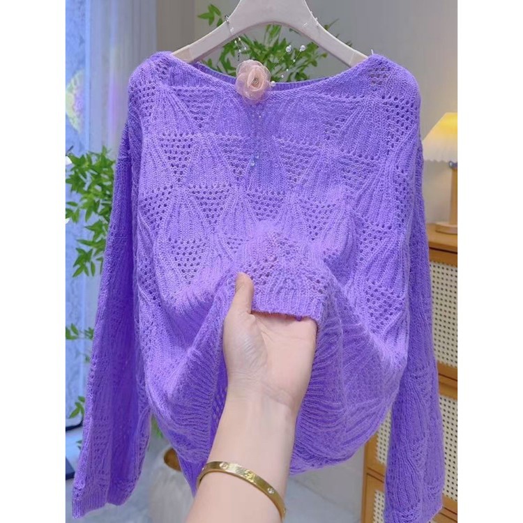 "3.20/Spring New Collection" Xuan Xiao Jie Atmospheric Purple Lace-Up Hollow-Out Slightly Sheer Knit Sweater