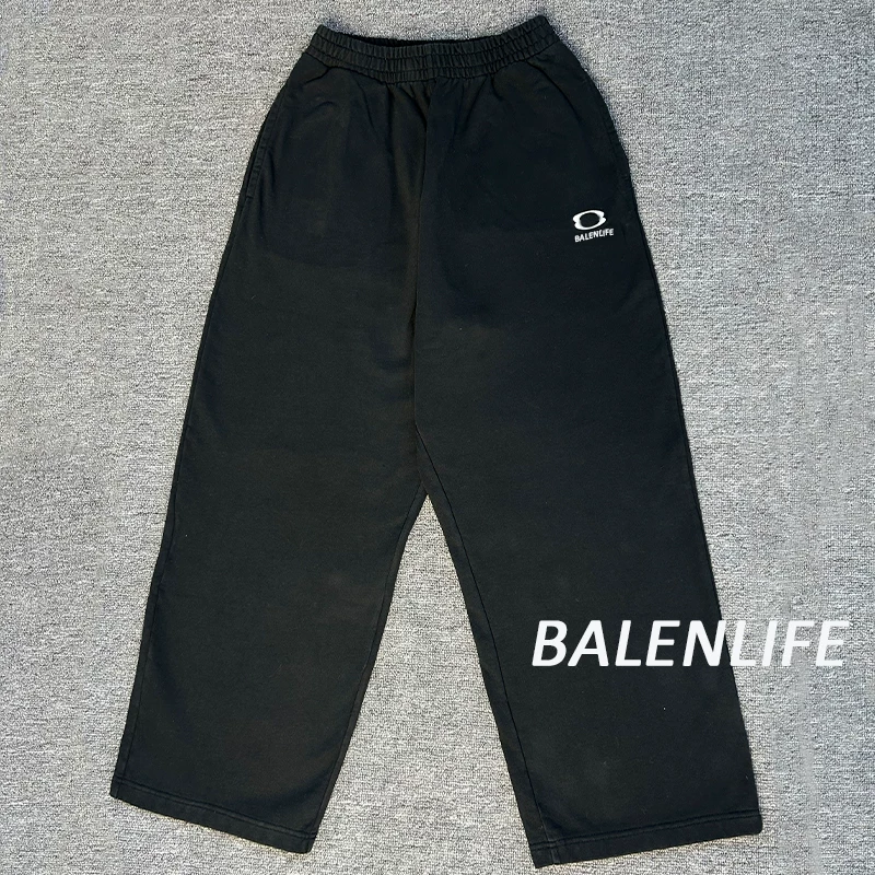 24FW double loop embroidery distressed black versatile floor length casual pants loose wide leg sweatpants unisex