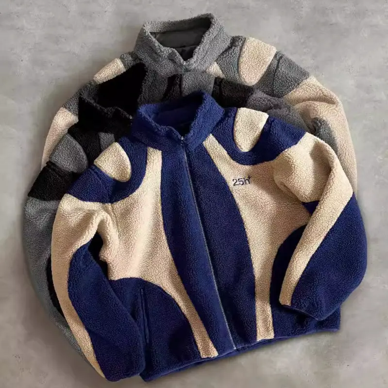 New Warm Contrasting Color Men's and Women's Fleece Stand-Up Collar Jacket