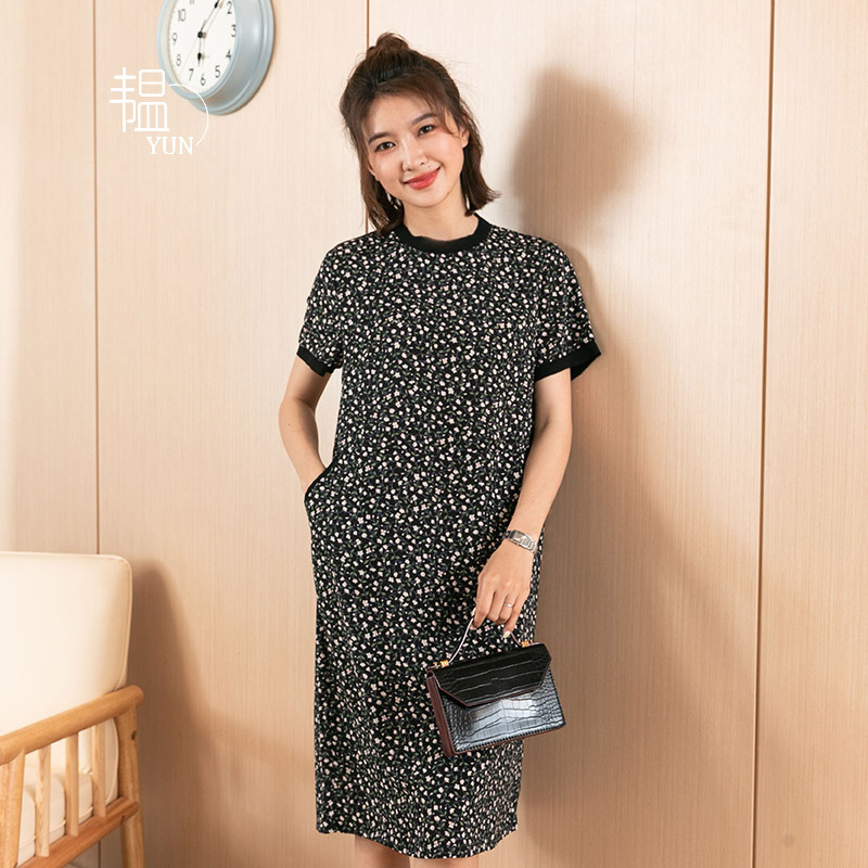Strict Selection YUN Yun Summer Black Floral Skirt Temperament A- line Skirt Chiffon Floral Skirt Short Sleeve Women's Dress