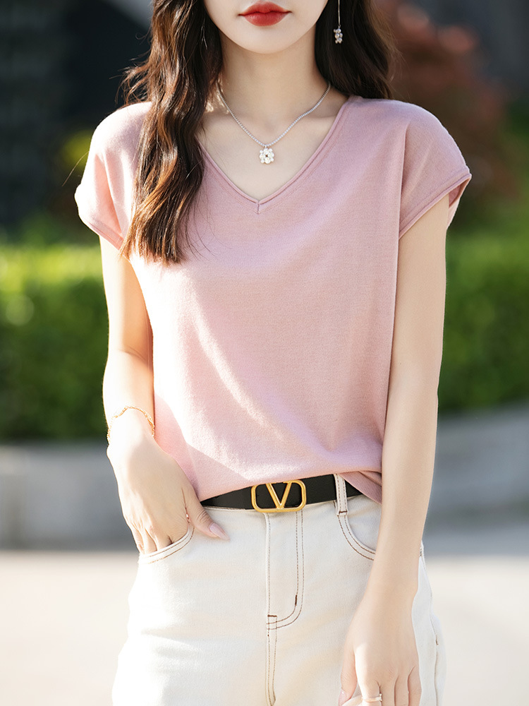 Mulberry Silk V-neck Short-sleeved T-shirt Women's 2024 Summer New High-end Worsted Wool Curl Knit Loose Top