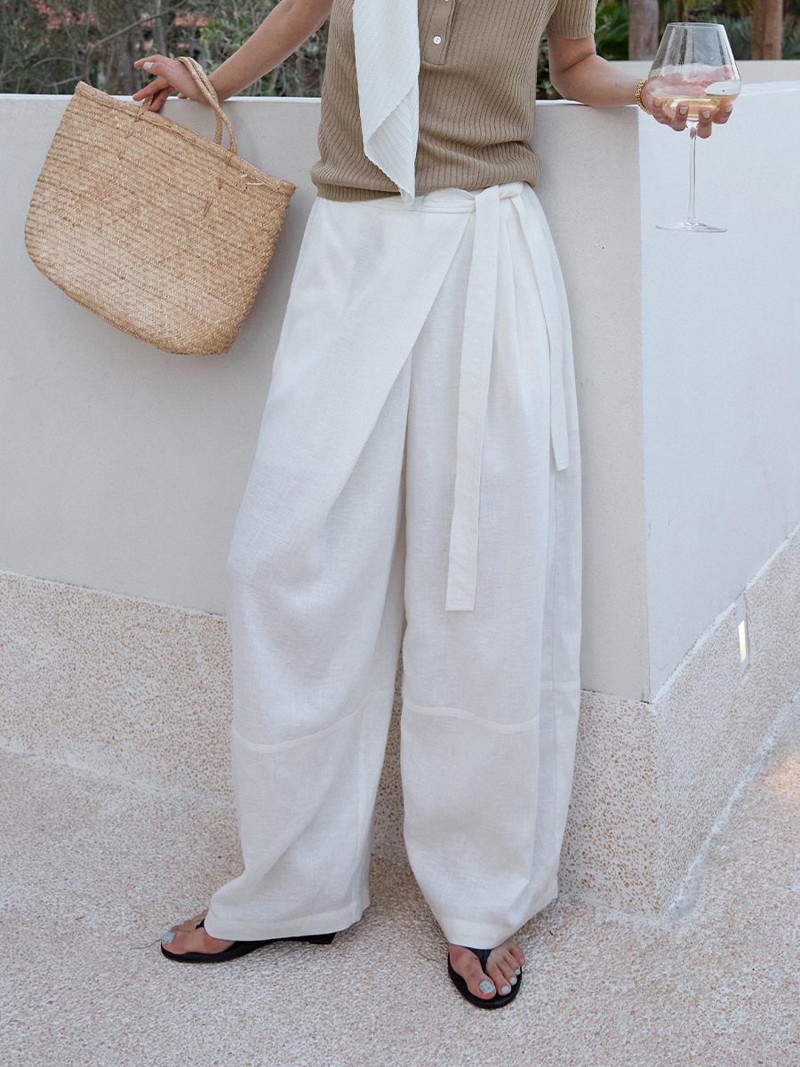 Trendy and Stylish Casual Pants with a Lazy, Relaxed Fit, Diagonal Placket, Tie Straps, Wide Straight Legs, New Style 40826-1