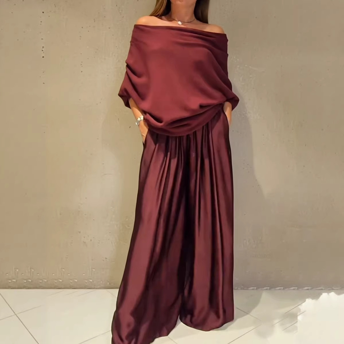2025 Amazon Aliexpress Cross-Border New Elegant Off-Shoulder Top and Satin Wide-Leg Pants Two-Piece Set