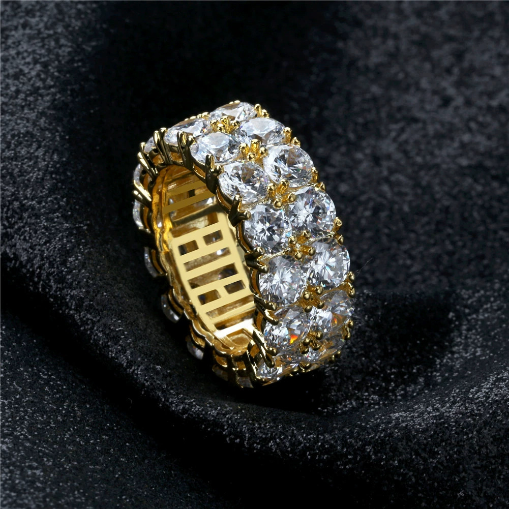 Cross-border European and American hip-hop jewelry double-row zircon ring tide brand personality full diamond 18K gold men's ring wholesale