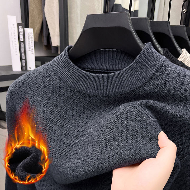 Middle-aged autumn and winter fleece-lined thick sweater men's round neck warm interior 2024 new men's base sweater