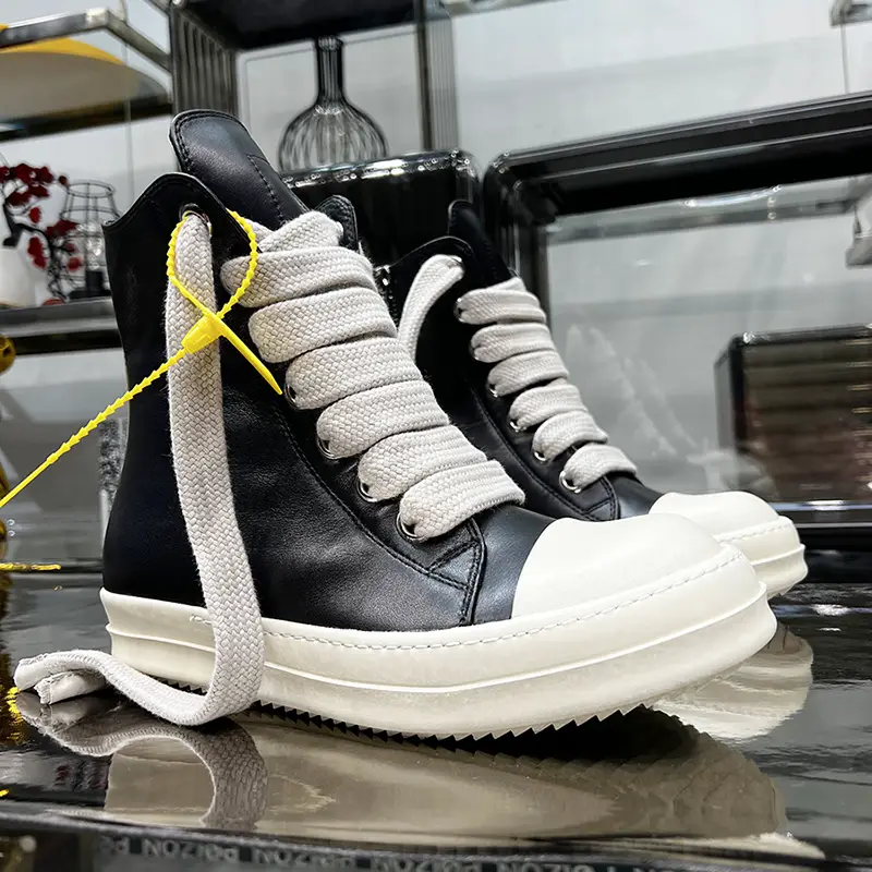 Round Owens High-Top Shoes for Men, Genuine Leather, Thick Laces, Thick Soles, Height-Increasing Casual High Street Sneakers, Short Boots for Women, Trendy Brand