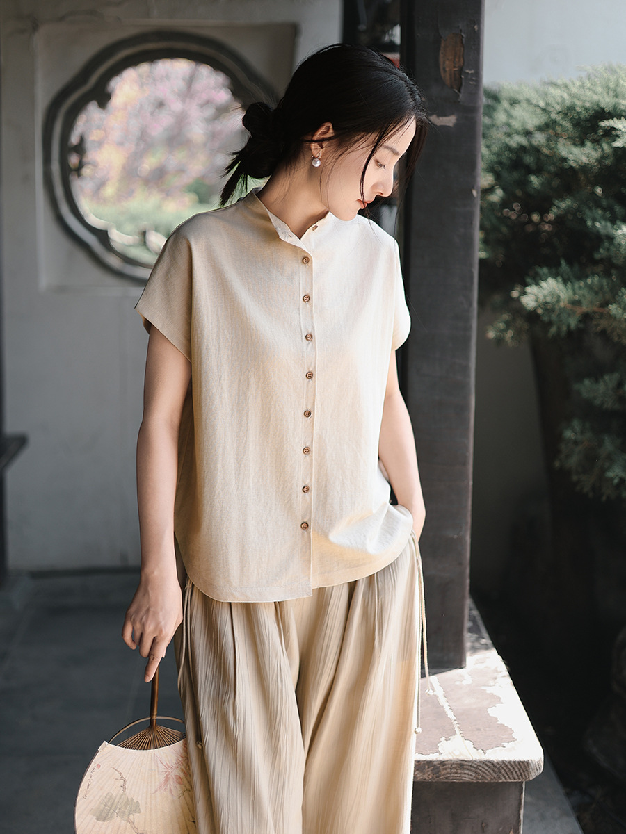 Women's 2025 summer new cardigan short sleeve top women's Tencel linen thin Joker T-shirt a generation of hair