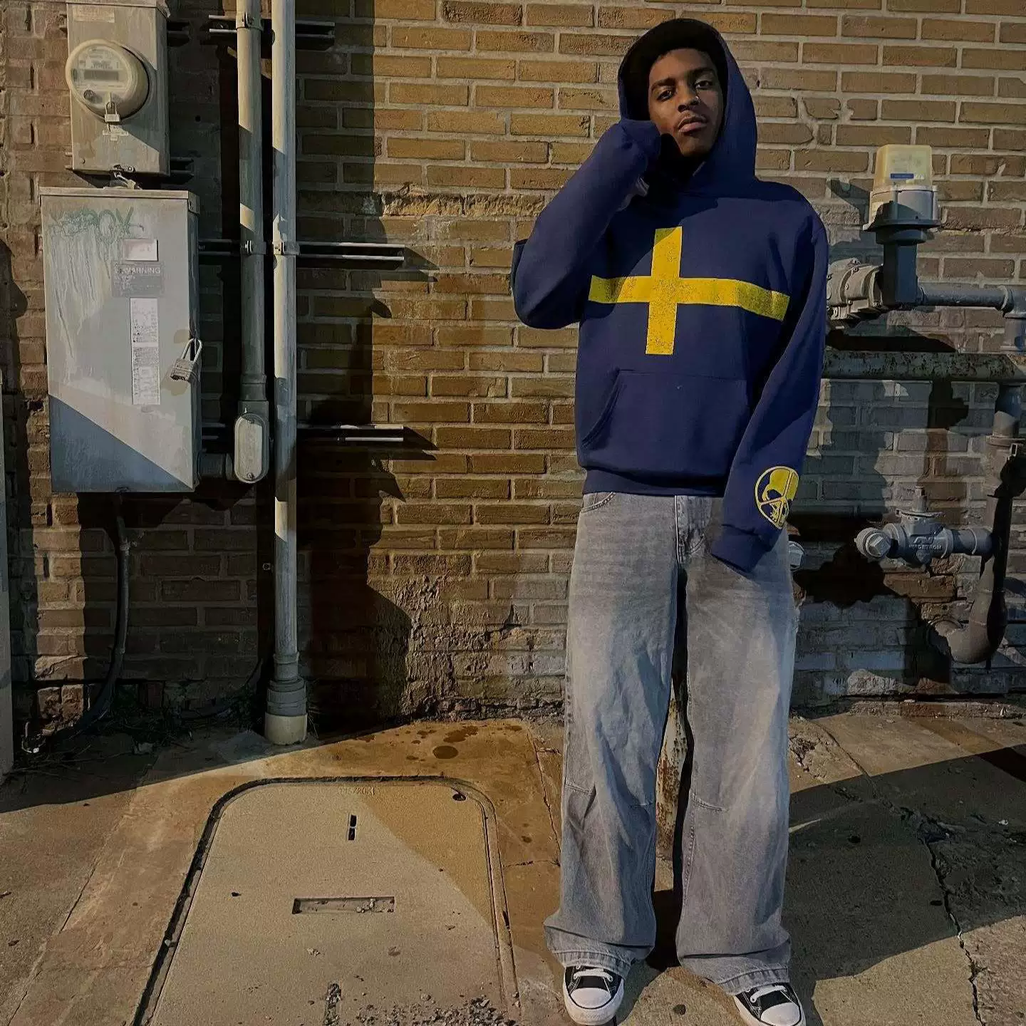 Peaceinwar & Ihatestars Navy Blue Hoodie with Yellow Cross