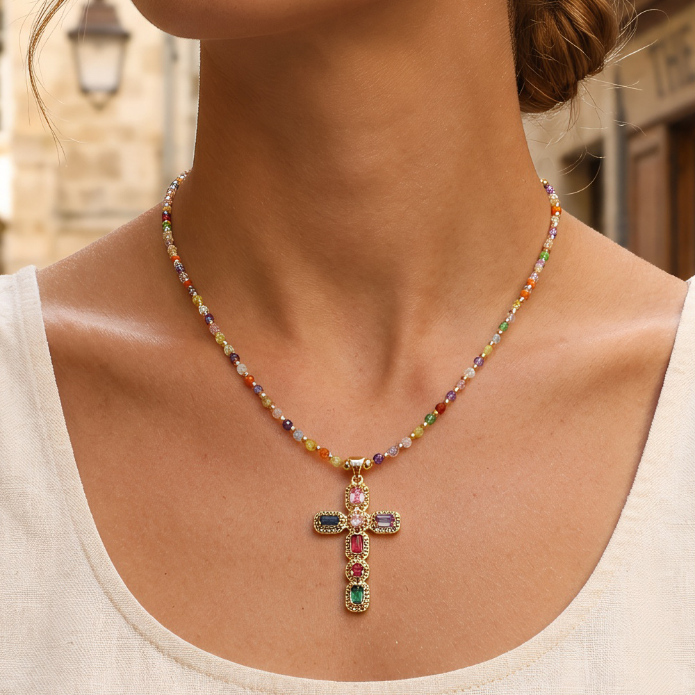 2026 New Super Shiny Colorful Zircon Cross Necklace, Sweet and Cool Style Personalized Clavicle Chain, Handmade Beaded Jewelry