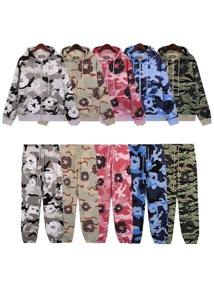 American Style Denim Tears Kapok Camouflage Cardigan Sweatshirt Hoodie for Men and Women ins Hooded Zipper Jacket