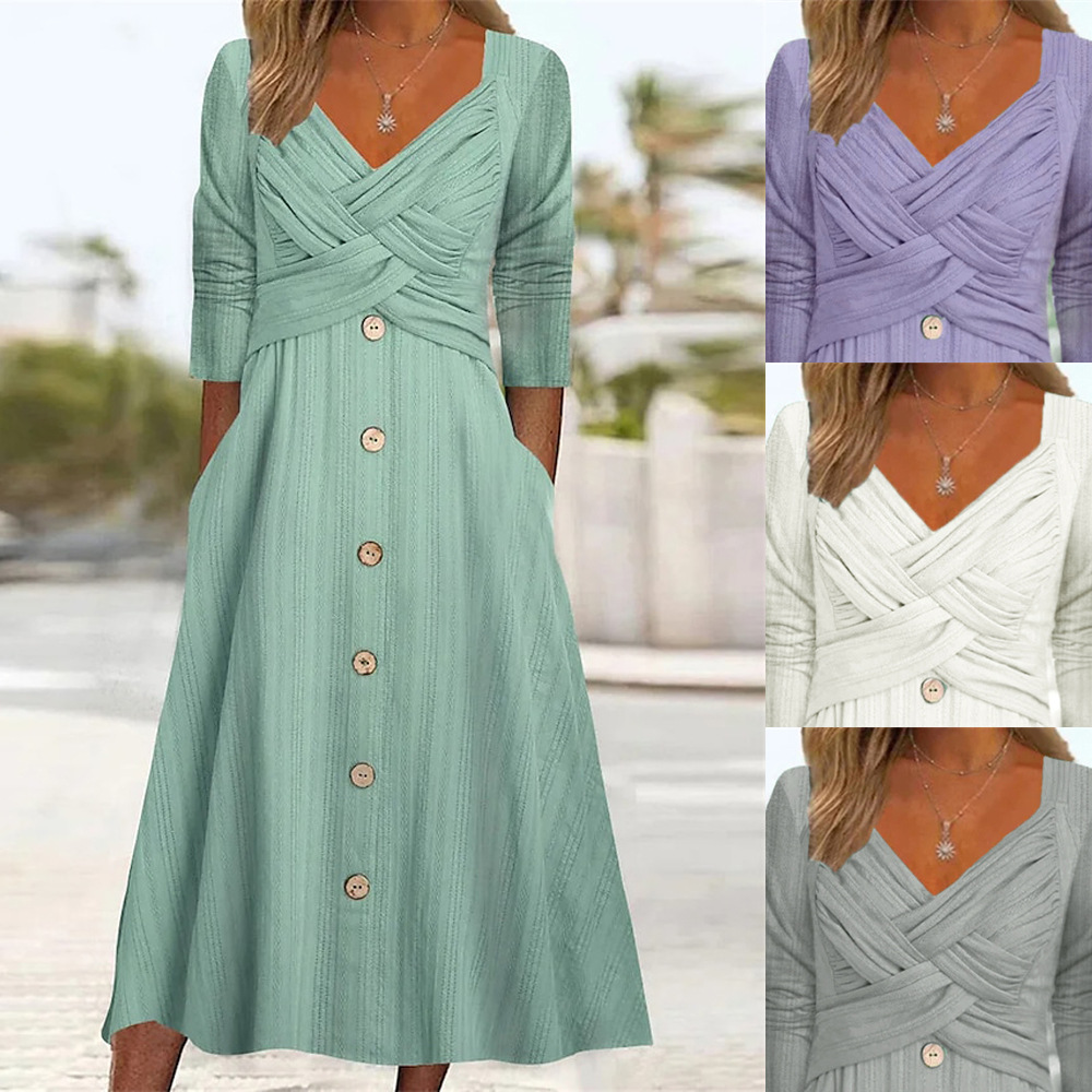 In stock 2023 autumn and winter New European and American women's solid color long sleeve V-neck cross button casual dress long dress