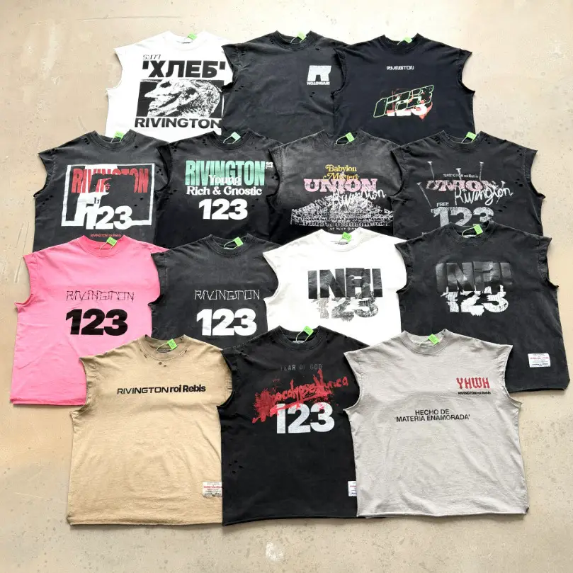 Retro Heavy Weight Washed Old European and American Hip-Hop Men's and Women's Loose Short-Sleeved T-Shirts Rrr123 Printed Waistcoat T-Shirts for Men and Women