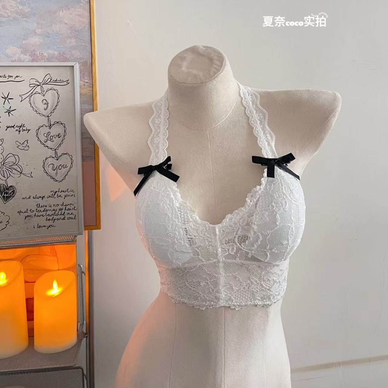 French White Halterneck Lace Inner Bra for Summer Thin and Small-Breasted Girls Pure Desire Breast-Wrapped Beautiful Back Vest-Style Bra