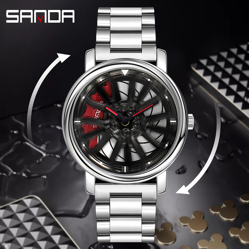 Sanda Cool 1057 Leather Mesh Steel Strap Men's Watch Stereo Hollow Rotating Wheel Watch Fashion Waterproof Men's Watch