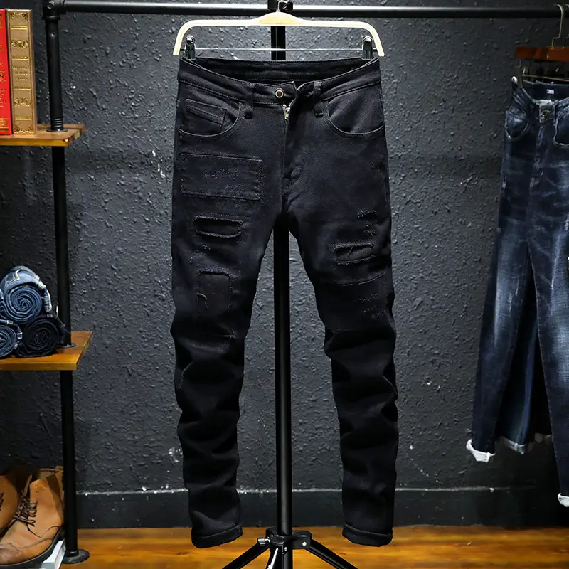 2021 Winter New Men's Ripped Jeans Slim-Fit Stretch Youth Fashion Tinged Mid-Waist Trousers