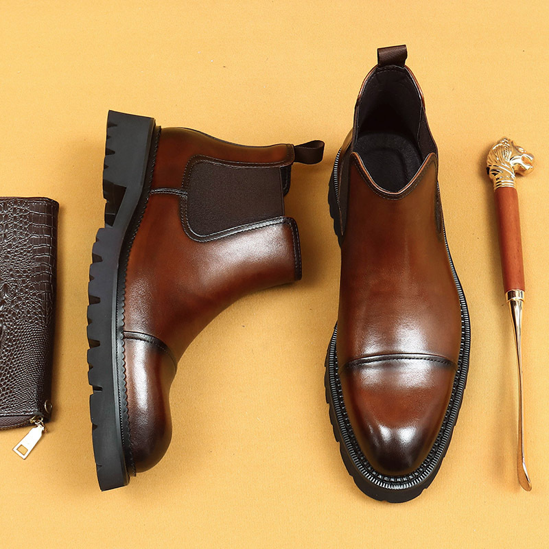 2026 Business Chelsea Boots for Men, Genuine Leather Three-Panel High-Top Boots, British Retro Thick-Soled Slip-On Men's Boots