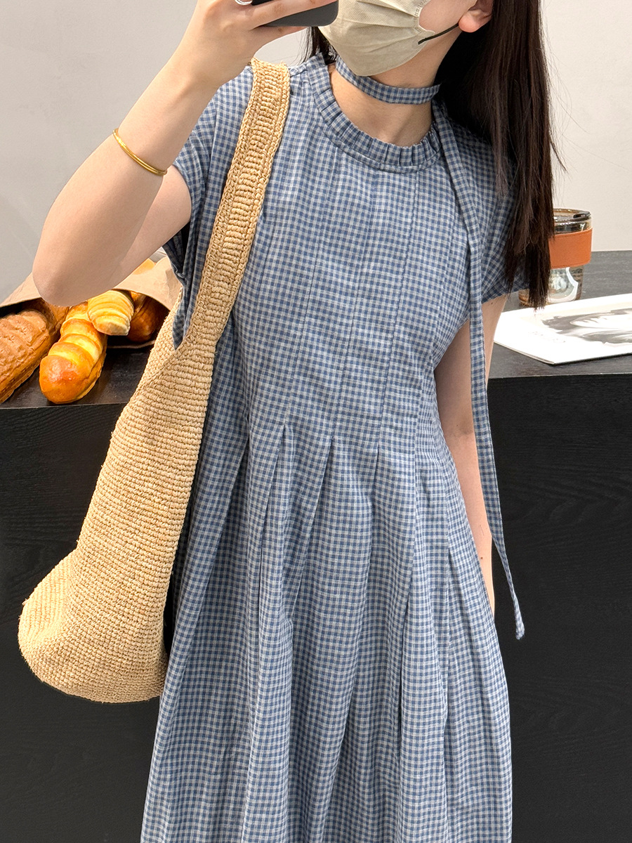 PLUS Sucho Artistic Vintage Plaid dress Women's Summer New 100% Double Cotton Sleeveless Lace Lace Collar