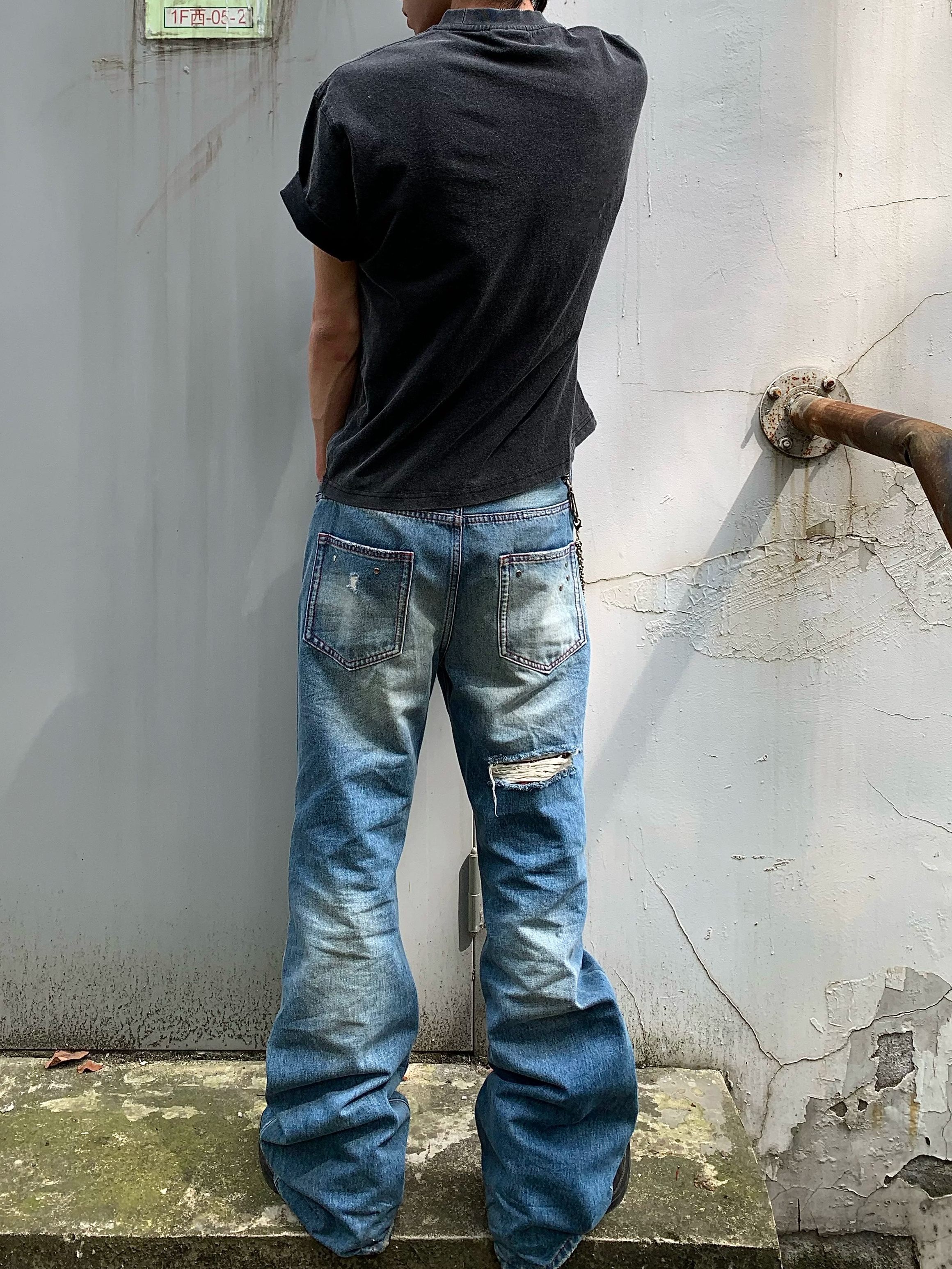 American Retro Washed Plaid Patch Rivet Distressed Jeans Unisex High Street Vibe Loose Straight Leg Flared Pants