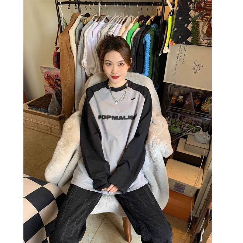[De Velvet] American retro contrast color stitching long-sleeved T-shirt women's early autumn design sense niche raglan sleeve round neck top