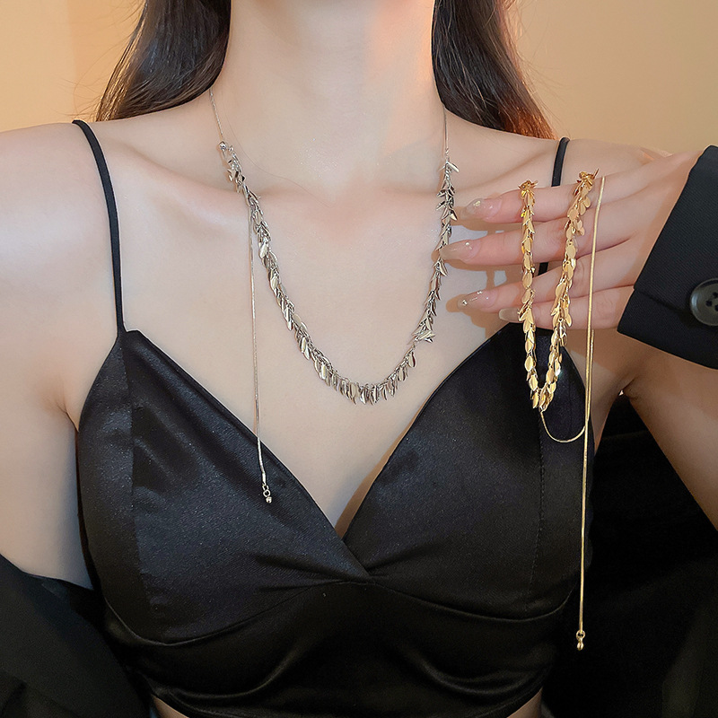 Advanced Metallic Sequins Wheat Ear Draisable Necklace Fashionable Internet Popular Simple Elegant Niche Collarbone Chain Necklace for Women