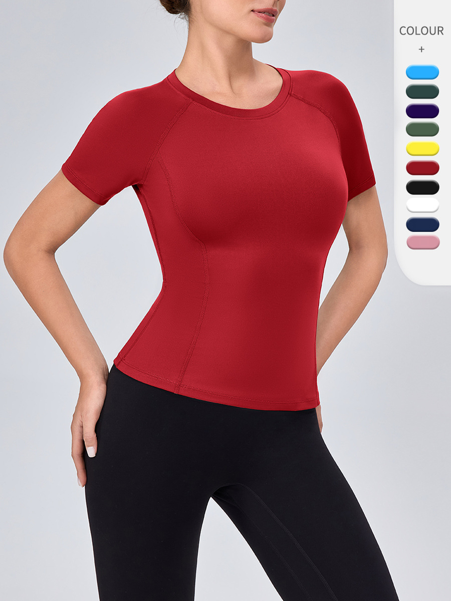 European and American Women's Tight-Fitting Yoga Short-Sleeved High-Elastic Quick-Drying Fitness Sports T-Shirt Round Neck Breathable Slimming Running Top