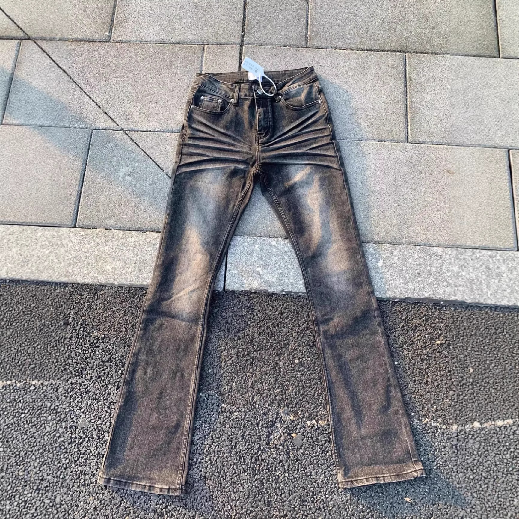 American-Style Cleanfit Black and Gray Patterned 517 Style Washed Vintage Jeans with Slight Flare, Distressed, High Elasticity, Casual Men's