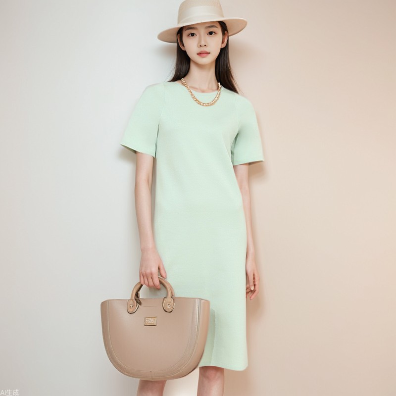 Women's New Round Neck dress Women's Spring and Summer Loose Cotton Short-sleeved T-shirt French Base Midi Dress