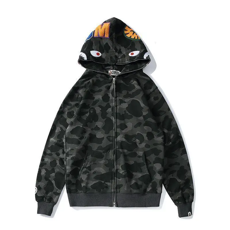 Trendy American Camouflage Embroider Hooded Outwear Women's Fall and winter Street Style Easiest for match Double Hood Shark Cardigan Tops Trendy Style