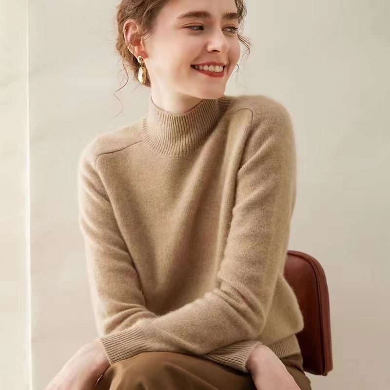 Women's half turtleneck cashmere sweater autumn and winter thickened cashmere sweater solid color loose saddle shoulder knitted bottoming shirt top