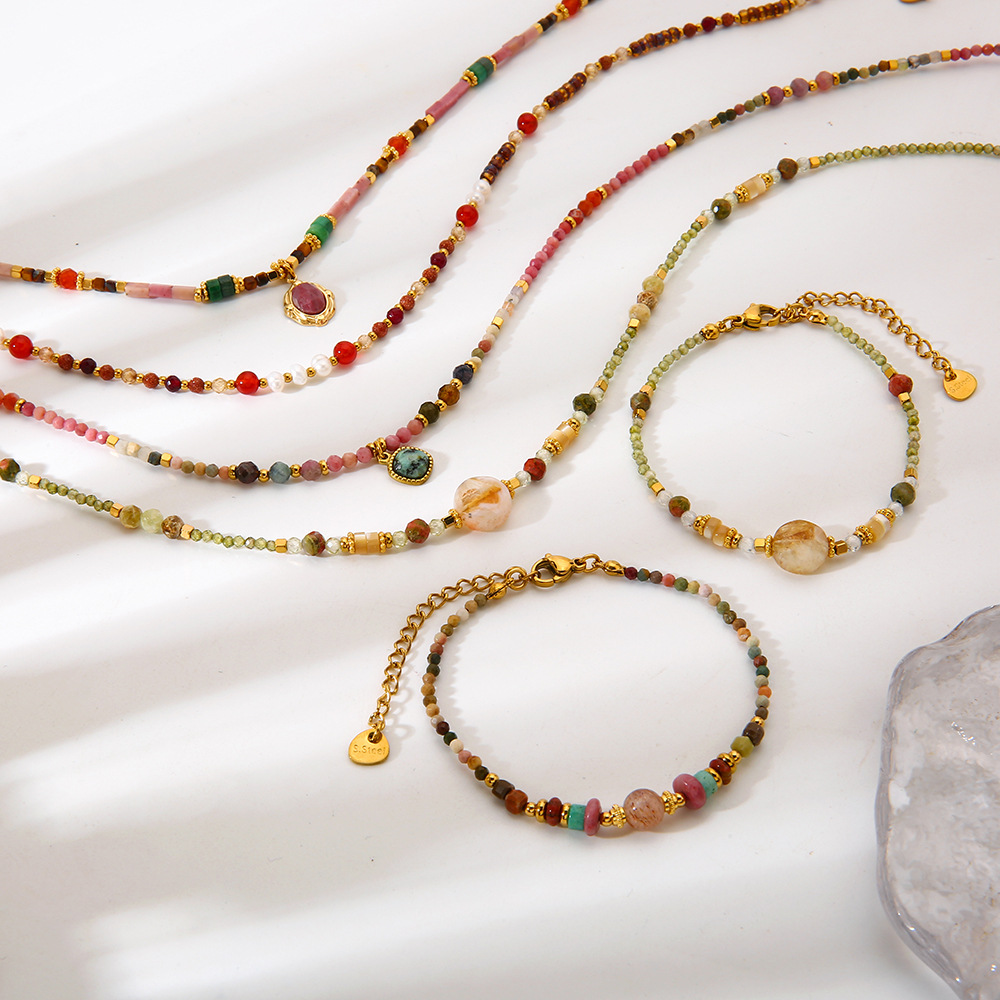 Cross-Border Popular Natural Stone Stainless Steel Beaded Necklace, Vintage Niche Sweater Chain, Light Luxury High-End Jewelry