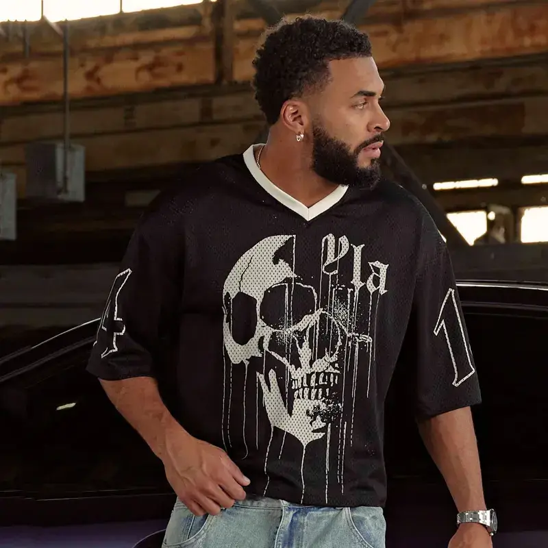 Youngla Skull Short-Sleeved Men's Trendy Brand Large Size Loose Casual Fitness Sports Mesh Breathable Quick-Drying Short T-Shirt