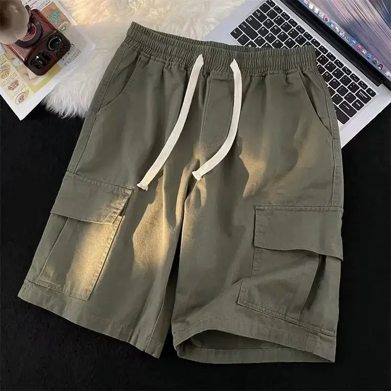 Retro twill work shorts boys summer thin section quick dry drawstring straight pants loose wide-legged casual five-minute pants