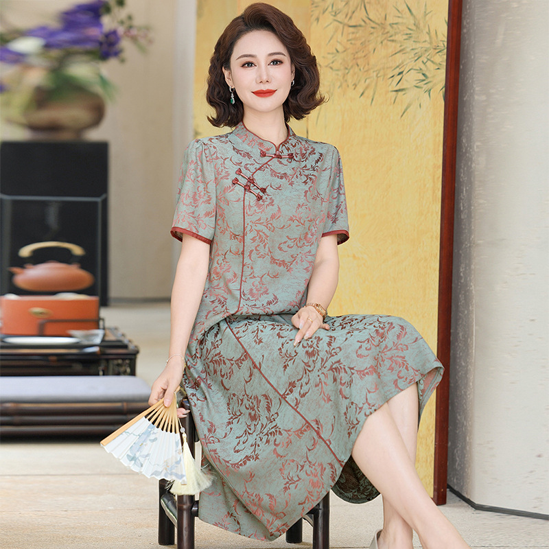 Short-Sleeved Dress, Dignified and Elegant, Summer Dress for Middle-Aged and Elderly Women, New Chinese Style, Loose-Fitting Dress, Plus Size Clothing